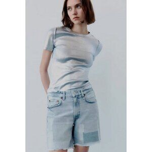NWT Zara light blue wash mid rise Bermuda loose fit patch denim shorts, US4